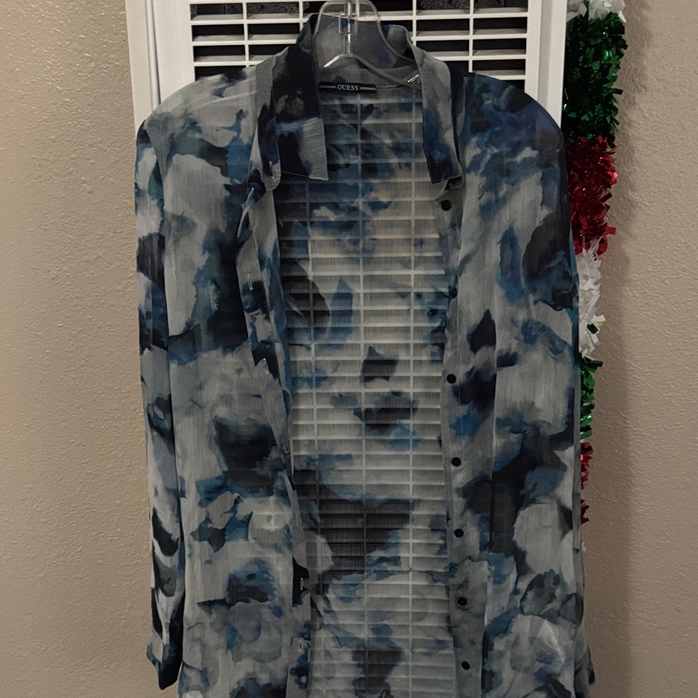 Guess Abstract Blue and Black Sheer Blouse